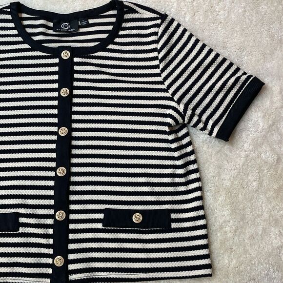 G by Giuliana Striped Short Sleeve Cardigan Top with Gold Buttons Women’s Sz L - Picture 3 of 8